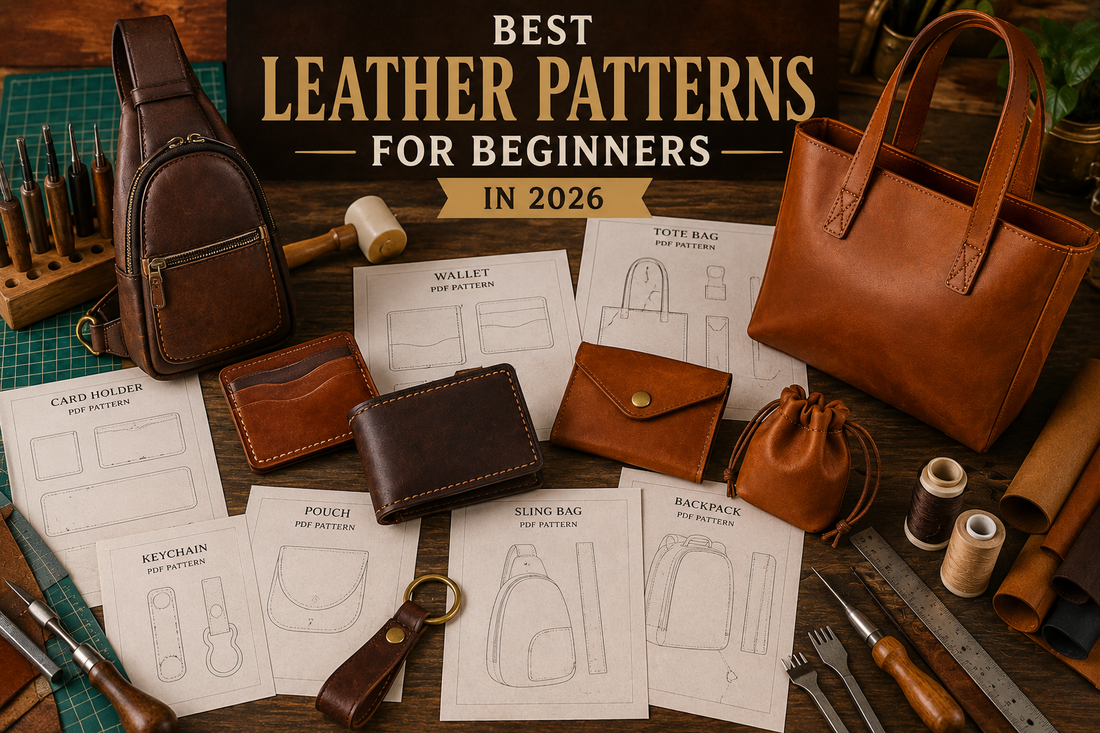 Beginner leather patterns with printable templates, a wallet and a small leather bag