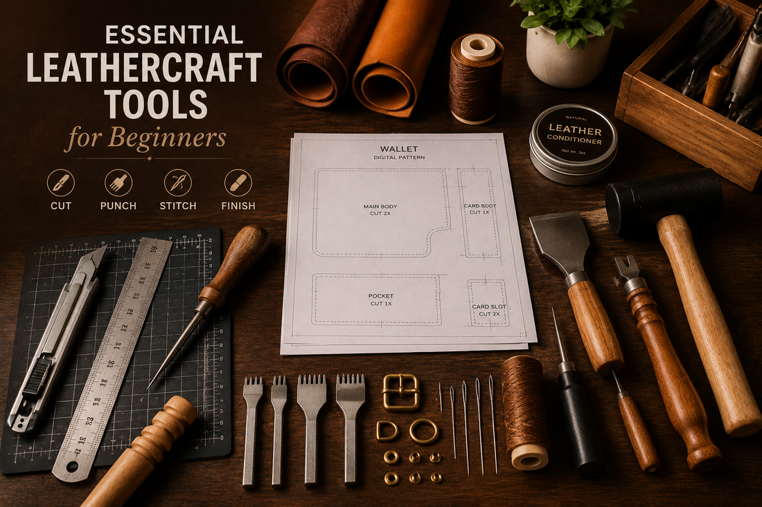 Essential leathercraft tools for beginners including a knife, awl, ruler and thread