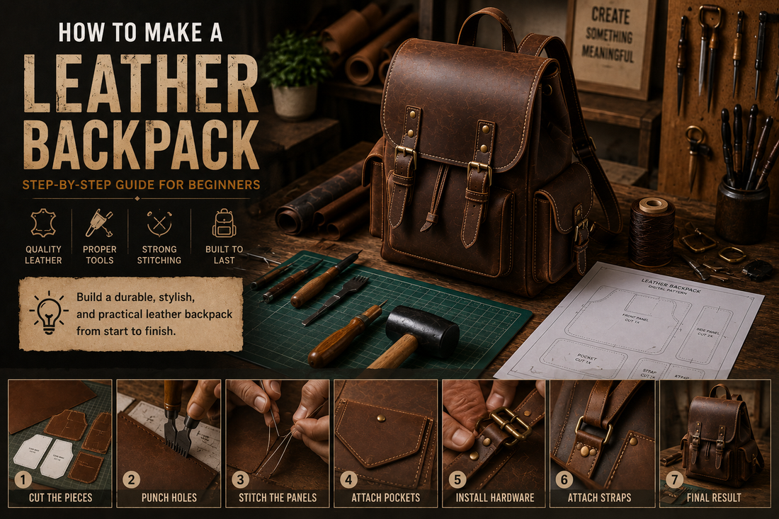 Handmade leather backpack being assembled with leather tools and a printed pattern