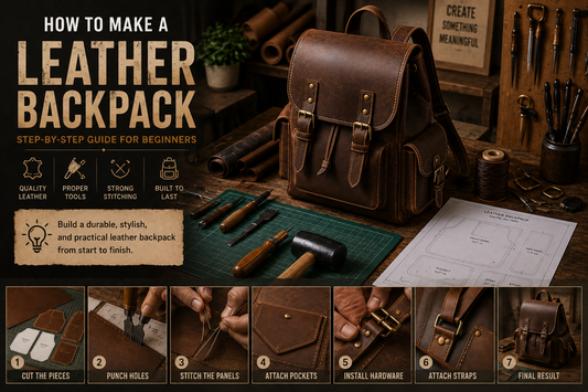 Handmade leather backpack being assembled with leather tools and a printed pattern