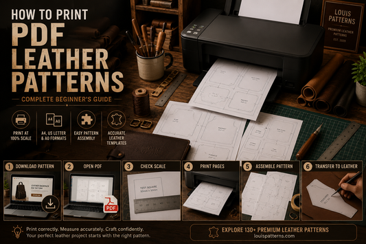 Printed PDF leather pattern on paper next to leather tools on a cutting mat