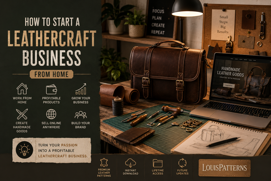 Home leathercraft workspace with handmade leather bags and a small business setup