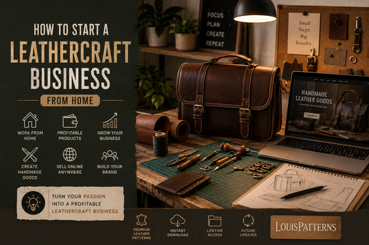Home leathercraft workspace with handmade leather bags and a small business setup