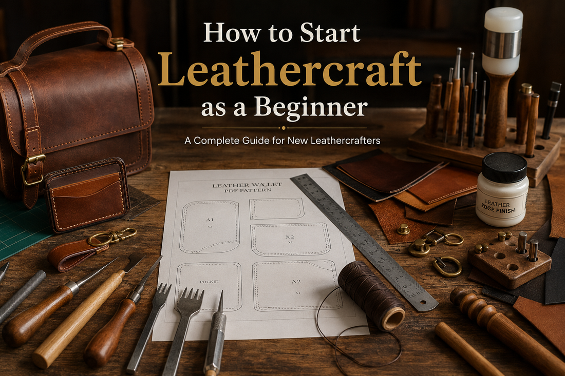 Beginner leathercraft workspace with tools, thread and a printed leather pattern