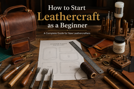 Beginner leathercraft workspace with tools, thread and a printed leather pattern